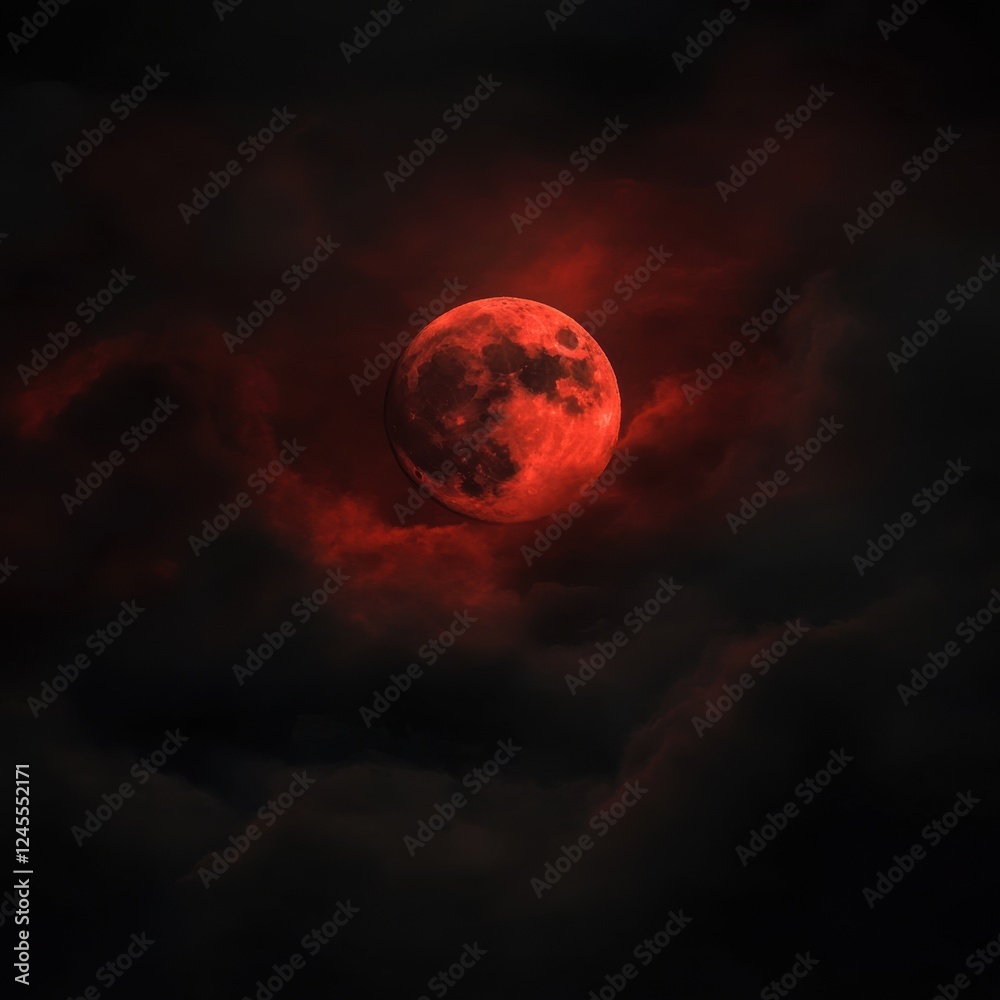 Wall mural dark red moon glowing through swirling clouds and mist in a night sky with a hint of zen papaya