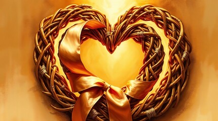 Classic oil painting of a heart-shaped wicker wreath with satin ribbon, warm golden glow, rich textures