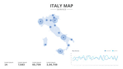 Service centers are highlighted within the of Italy Infographic map. Business Infographic Map of Italy. Vector Map of a Italy map. Easy to edit