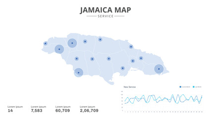 Service centers are highlighted within the of Jamaica Infographic map. Business Infographic Map of Jamaica. Vector Map of a Jamaica map. Easy to edit
