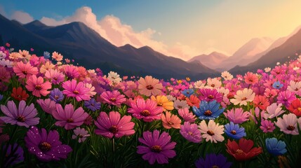 Colorful Flower Field with Mountains and Sunset in Background