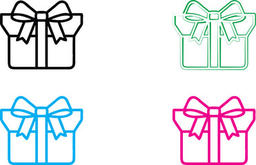 Gift boxes, simple line drawings, colorful outlines, minimalist design, bow ribbons, presents, square shapes, black pink blue green colors, icon set, graphic elements, clean style, festive symbols, ho
