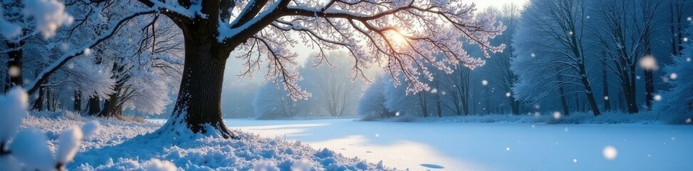 Frozen willow in snowy forest with snowflakes, tree, peaceful atmosphere