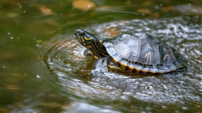 Yellow-spotted river turtle swimming in pond.
