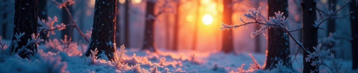 Frosty woods at dawn, with a warm sunrise peeking through the trees, sun, branch, frost