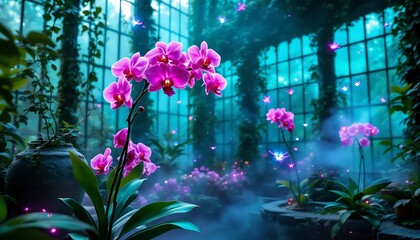 Enchanting Orchid Greenhouse Fantasy Art Wallpaper