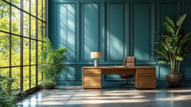 Minimalist Blue Wall Home Office with Wooden Desk and Ergonomic Chair - Powered by Adobe