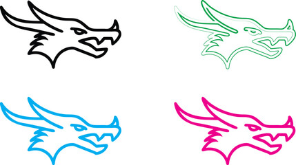 Dragon heads, minimalist outline, simple line art, bold colors, black white green blue pink, geometric shapes, stylized mythical creatures, angular design, graphic illustration, fantasy concept art, m