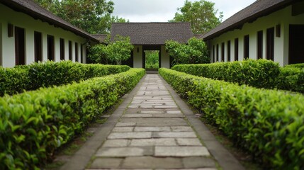 Tranquil Pathway Surrounded by Lush Greenery in Serene Landscape