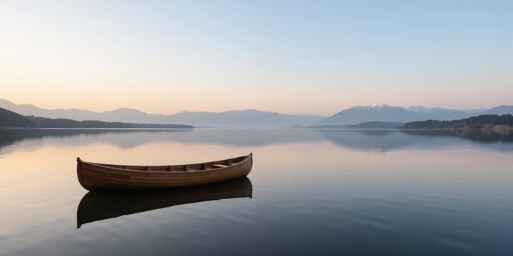 A small wooden rowboat floating perfectly still on a glassy lake, its reflection mirrored flawlessly in the water. Surrounding the lake are distant