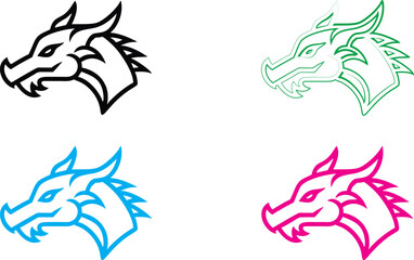 Dragon heads, minimalist outline, simple line art, bold colors, black white green blue pink, geometric shapes, stylized mythical creatures, angular design, graphic illustration, fantasy concept art, m