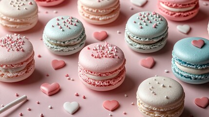 Fototapeta premium Colorful macarons arranged on a pink surface with decorative hearts and sprinkles, ideal for dessert displays