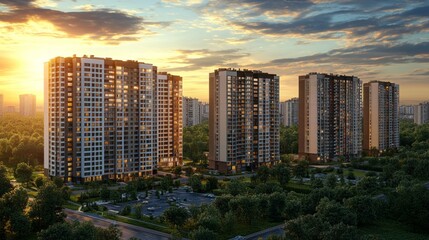 Obraz premium Tall modern residential buildings rise majestically against a colorful sunset, surrounded by greenery. The peaceful atmosphere evokes a sense of tranquility and comfort in this cityscape
