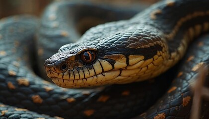 Obraz premium Close-up of a snake with detailed scales and piercing eyes in its natural habitat. 