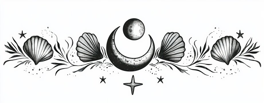 Lunar and shell design with astrological elements in a minimalist style
