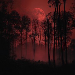 Naklejka premium Dark red moon rising over misty forest with trees and zen papaya in the background at night