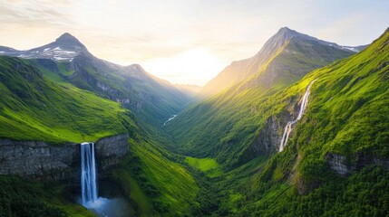Majestic Mountain Landscape with Waterfalls and Green Valleys at Dawn