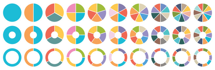 Pie charts diagrams. Donut and pie chart infographic elements set. Colorful diagram collection with. Circle icons for infographic. Vector eps 10