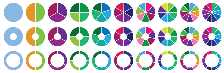 Circle pie chart diagram. 2,3,4,5,6,7,8,9,10, sections or steps. Colorful Pie chart set. Pie chart circle. Flat process cycle. Progress sectors