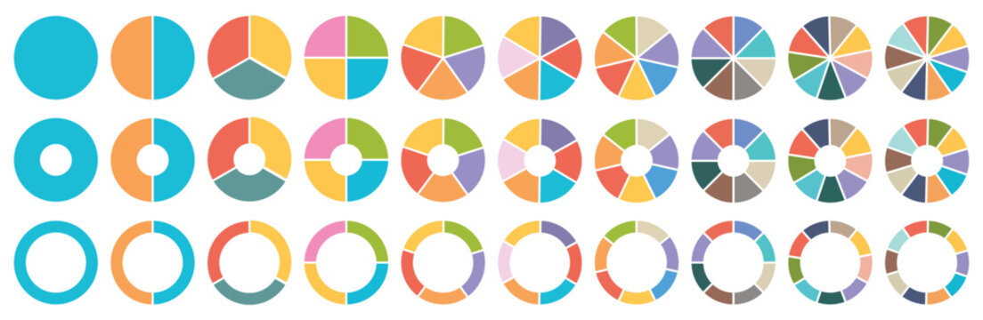 Pie charts diagrams. Donut and pie chart infographic elements set. Colorful diagram collection with. Circle icons for infographic. Vector eps 10