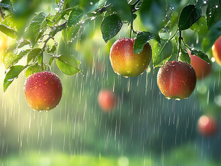 Fruit garden in the rainy season, raindrops falling down