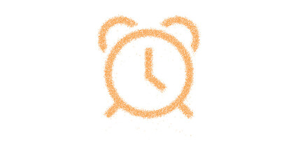 Icon alarm clock is made of yellow grains of sand. Some grains of sand fall down. Transparent background. Black