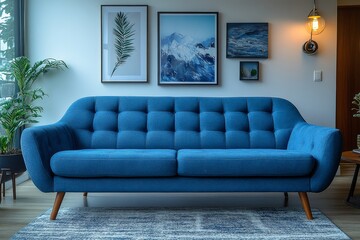 Blue velvet sofa with wooden legs, elegant coffee table, and cozy decor creating a modern living room atmosphere with vibrant colors.