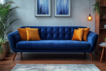Blue velvet sofa with wooden legs, elegant coffee table, and cozy decor creating a modern living room atmosphere with vibrant colors.