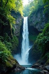 a waterfall cascades down a rocky slope in the jungle, slope, waterfall, geological