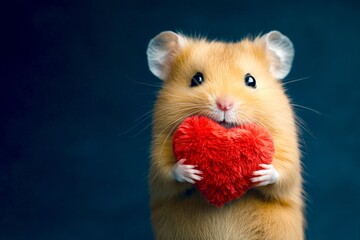 Cute hamster baby with fluffy red heart - emblem of love, funny greeting card. Marketing layout. Hamster - my preferred animal. Advertising concept. Love wildlife valentine's sketches.
