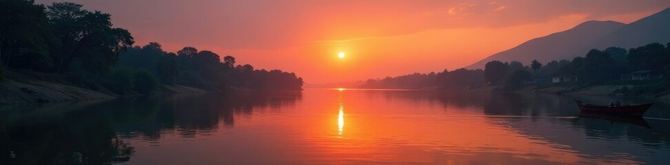 Fototapeta premium A tranquil scene of the Ganges river with the sun's last rays, landscape, ganges river
