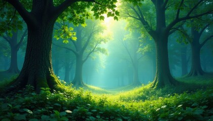 Obraz premium A tranquil forest glade bathed in dappled light, blue, green, peaceful