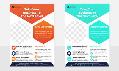 Modern a4 corporate business flyer template design with orange and blue polygonal shape
