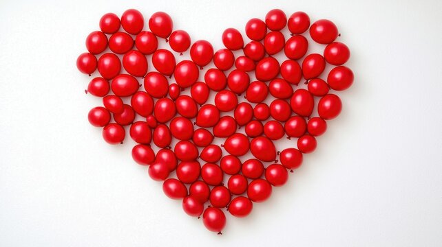 A heart shape made of red objects is arranged on a white background, symbolizing love and affection.