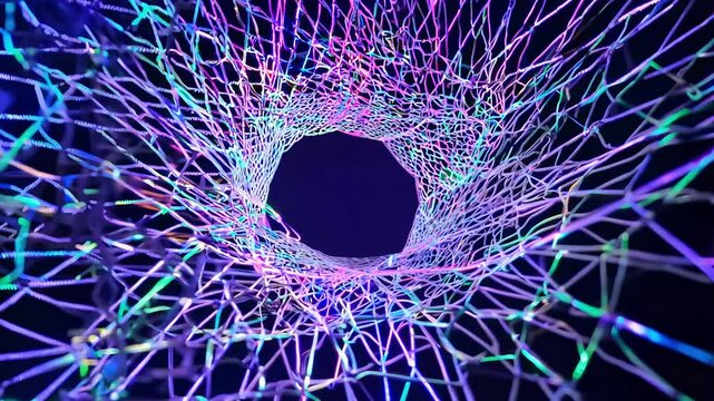 360-degree rotation video, the camera rotates around a complex web of fine wire chains illuminated by vibrant colored lights against a dark canvas, side lighting with color gels