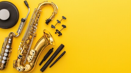 Naklejka premium Gold saxophone, reeds, and accessories on yellow background; music practice