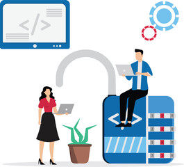 Open source programming, digital products include permission to use programming source code. Software engineer sitting on unlocked padlock with coding symbol