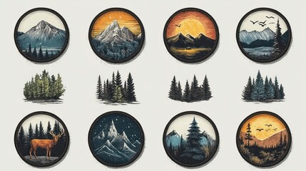 Twelve vintage nature illustrations mountains, forests, deer, sunset.