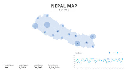Service centers are highlighted within the of Nepal Infographic map. Business Infographic Map of Nepal. Vector Map of a Nepal map. Easy to edit