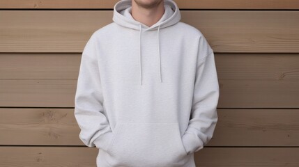Young man wearing a casual gray hoodie stands against a wooden wall in a relaxed pose during daytime