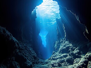 Sunlight penetrating underwater cave creating dramatic natural lighting effects