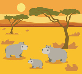 Family hippopotamus cute hippo african animal cartoon character  flat vector illustration isolated on savannah sundown background