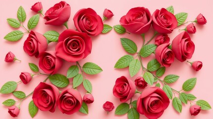 Naklejka premium Modern flat design of heart-shaped floral arrangement with red roses and green leaves in pastel colors
