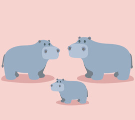 Family hippopotamus cute hippo african animal cartoon character  flat vector illustration isolated on background