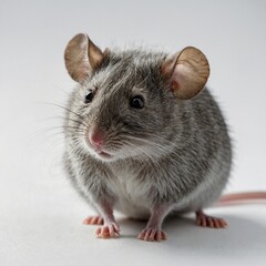 A realistic gray mouse, with soft fur and a long, curved tail, posed delicately against a white background.