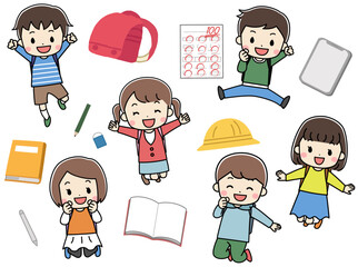 勉強する子供たちのイラスト素材セット