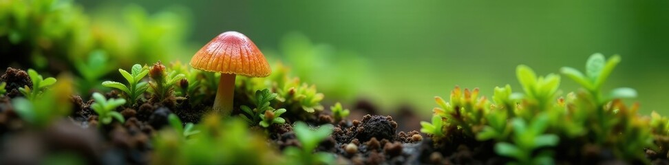 Tiny, delicate mushrooms peek out from beneath a layer of leaf litter, ferns, fantastical