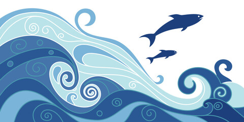 Vector art on marine theme, sea waves and fish, stylized seascape, flat cartoon