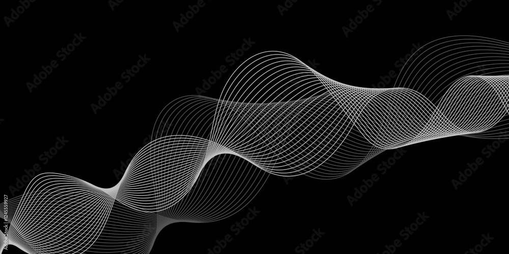 Poster abstract black background with white line. modern template abstract design flowing particles digital