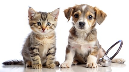 Fototapeta premium Cute Kitten and Puppy Sitting Together with Stethoscope Nearby